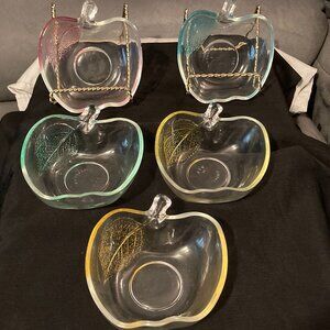 VTG 1960's KIG Set Of 5 Apple Shaped Bowls/Dishes-Multicolored Leaves-4.5" D-EUC